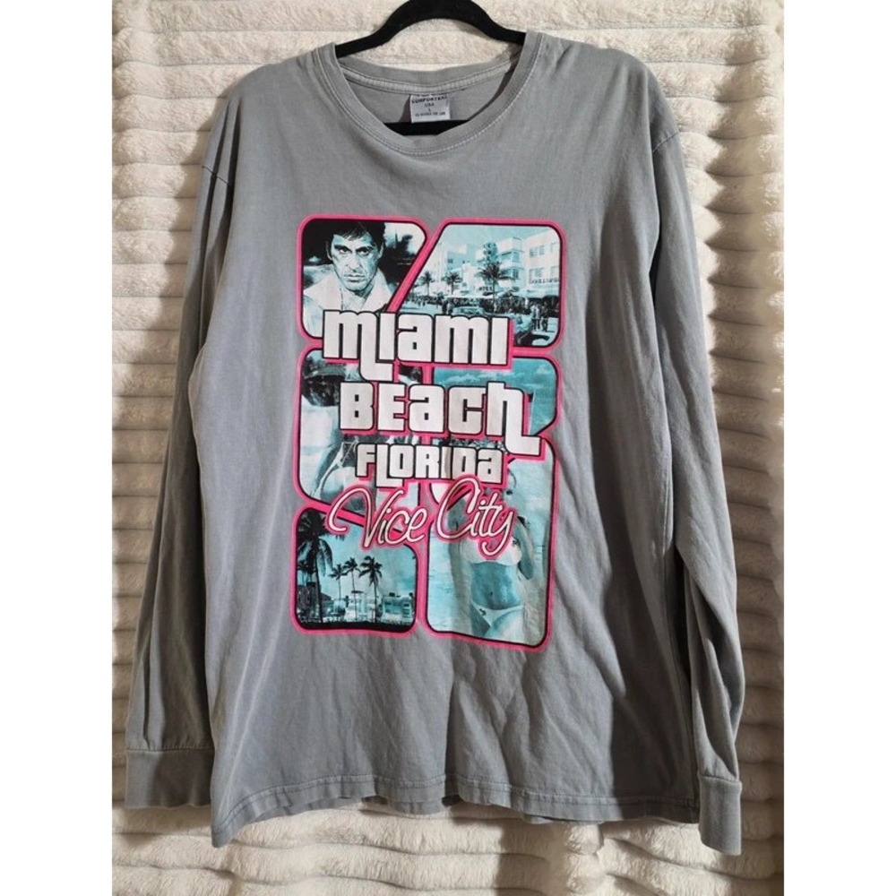 Comfortex USA Mens Scarface Miami Beach Vice City Long Sleeve Graphic Tee Grey L